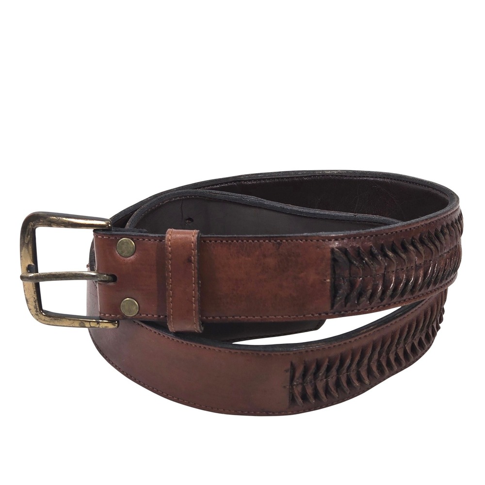Vintage Hand Laced Steerhide Leather Belt Mens 36 Brown Western Boho Whipstitch